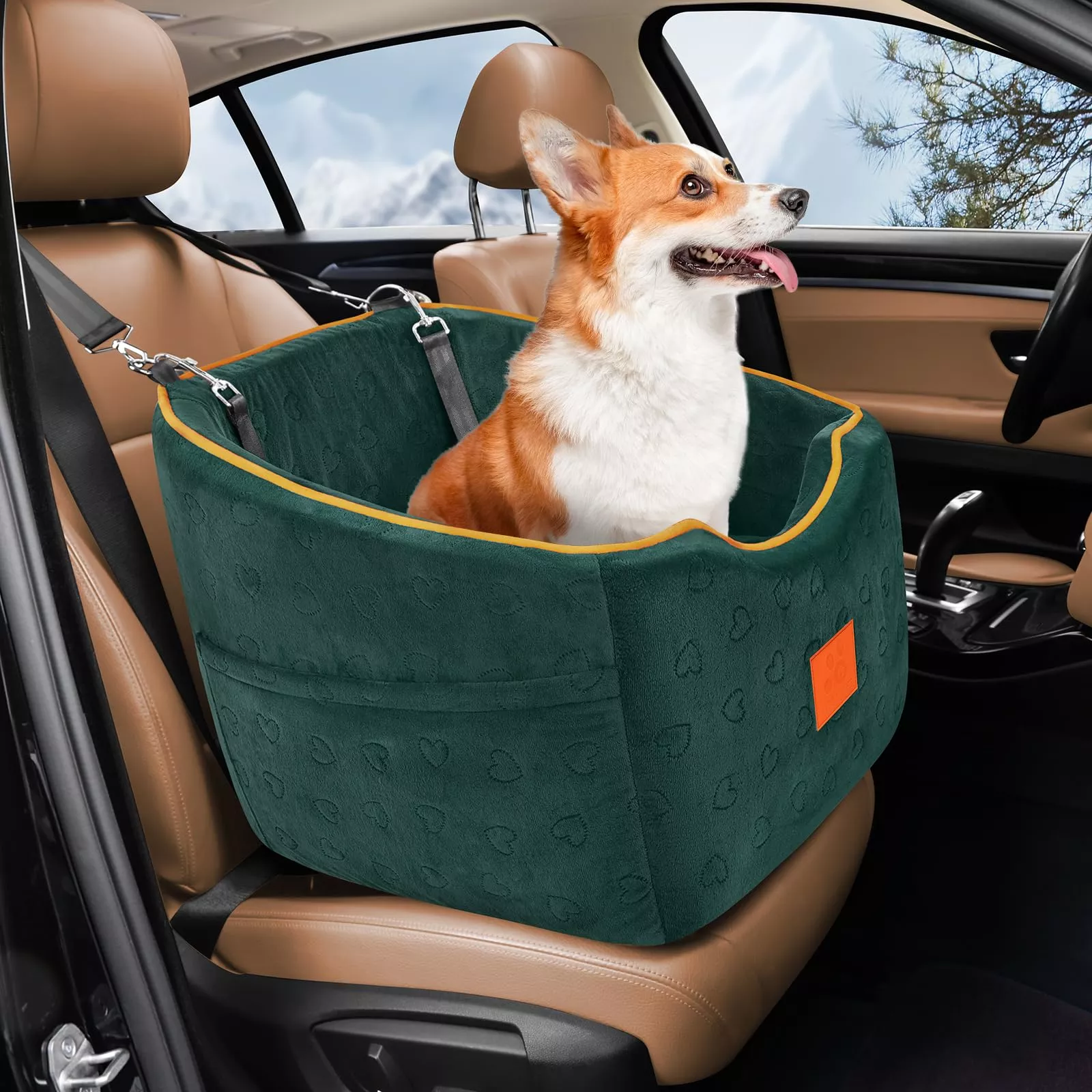 XIEEAOZEE Dog Car Seat for Small Dogs, Memory Foam Booster Dog Seat for Dogs up to 35 lbs, Elevated Pet Car Seat, Travel Safety Pet Seat with Washable Removable Cover, Storage Pockets (Green)