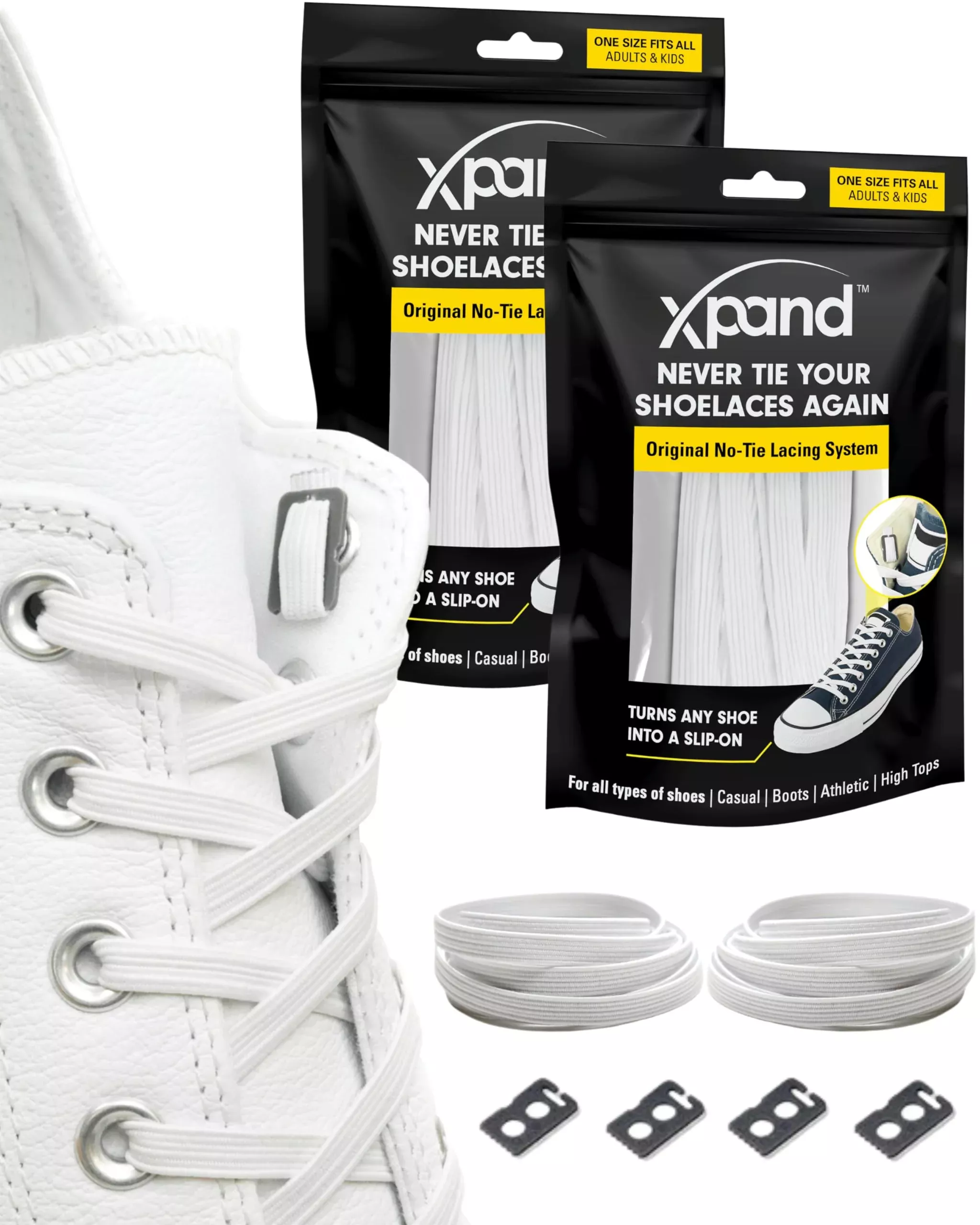 Xpand No Tie Shoelaces System with Elastic Laces - One Size Fits All Adult and Kids Shoes 2-Pack
