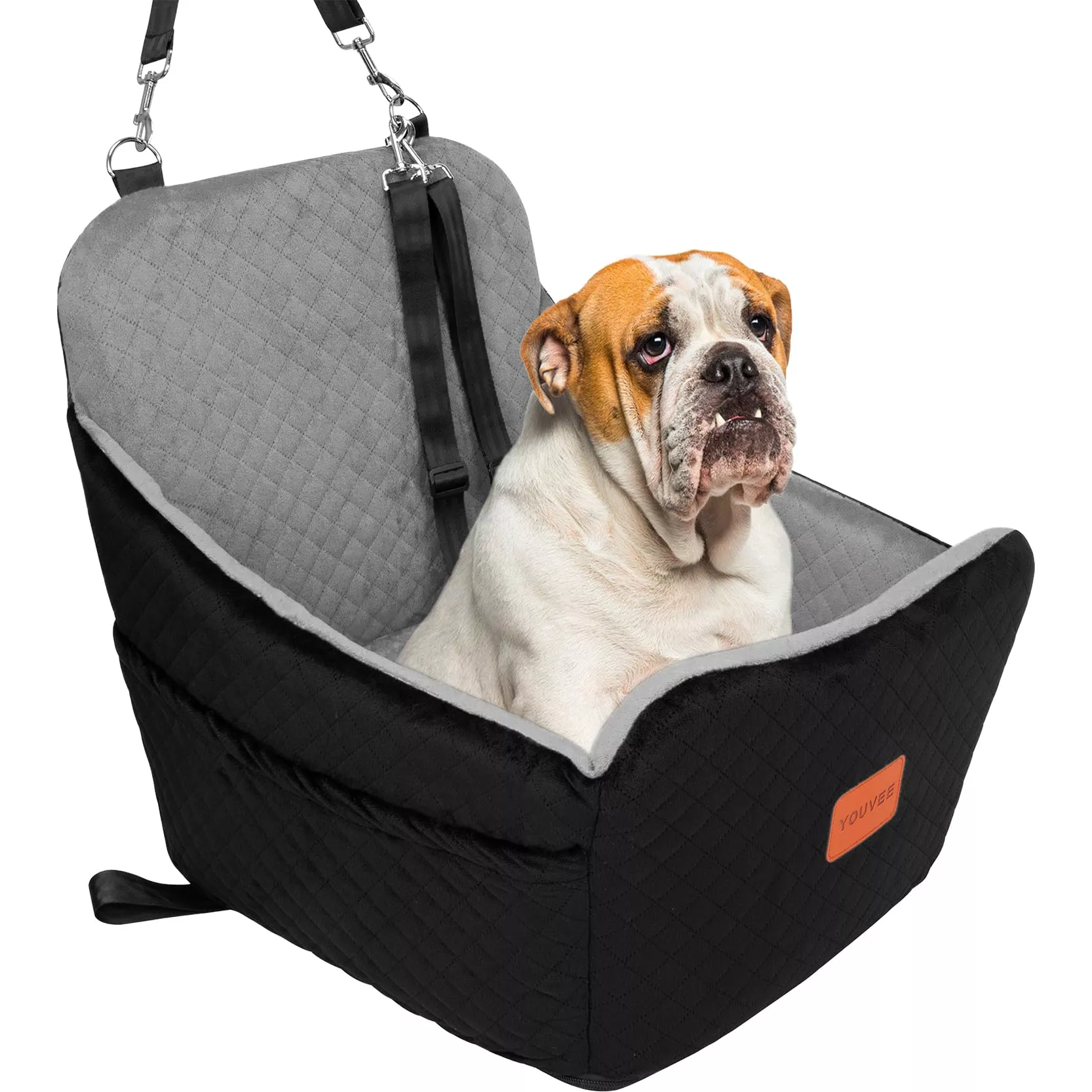 YOUVEE Dog Car Seat for Small /Medium Dog 20lbs 25lbs up to 32 lbs,Fully Detachable and Washable Puppy Booster seat with Storage Pockets,2 Adjustable Safety Belts(Black Outside Grey Inside)