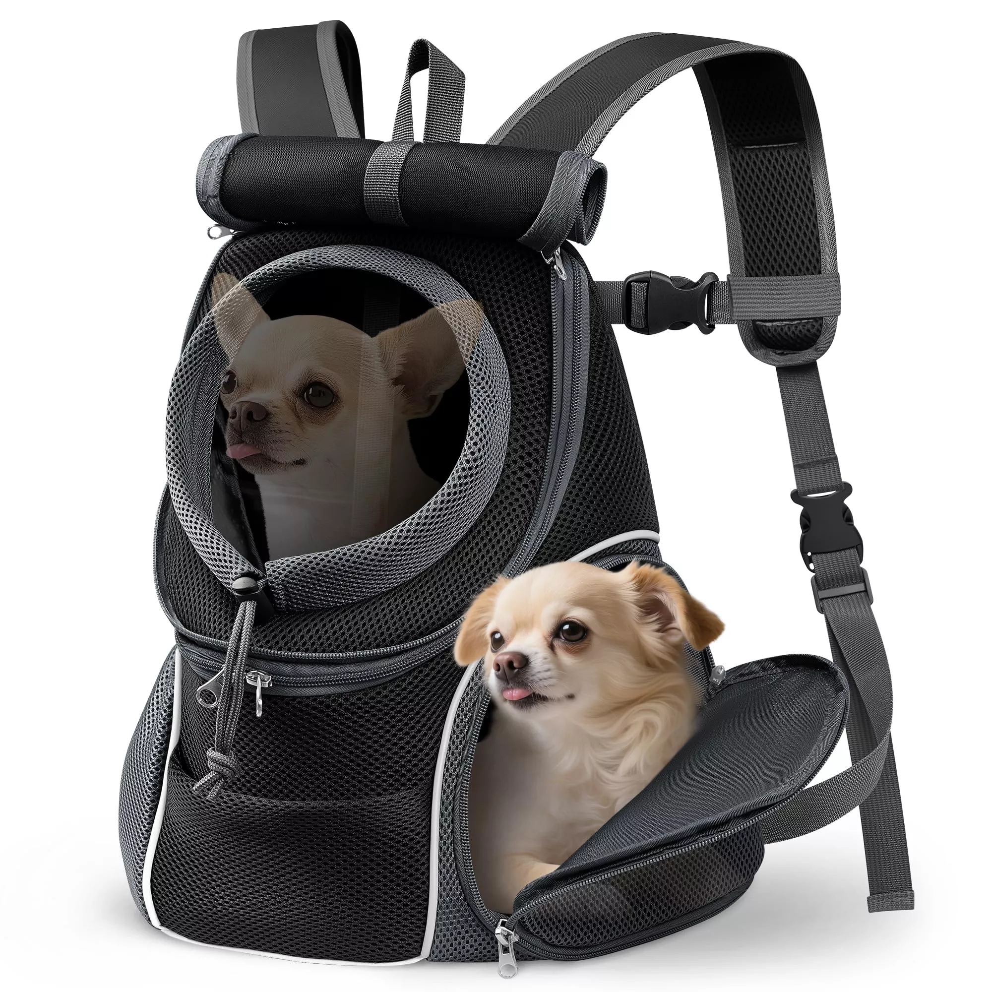 YUDODO Dog Front Carrier Backpack with Sunshade Hood, 2 Head-Out (Front & Side) Breathable Pet Carrier for Small Dog, Ventilated Doggy Backpack for Hiking Outdoor (Upgraded – Black, M)