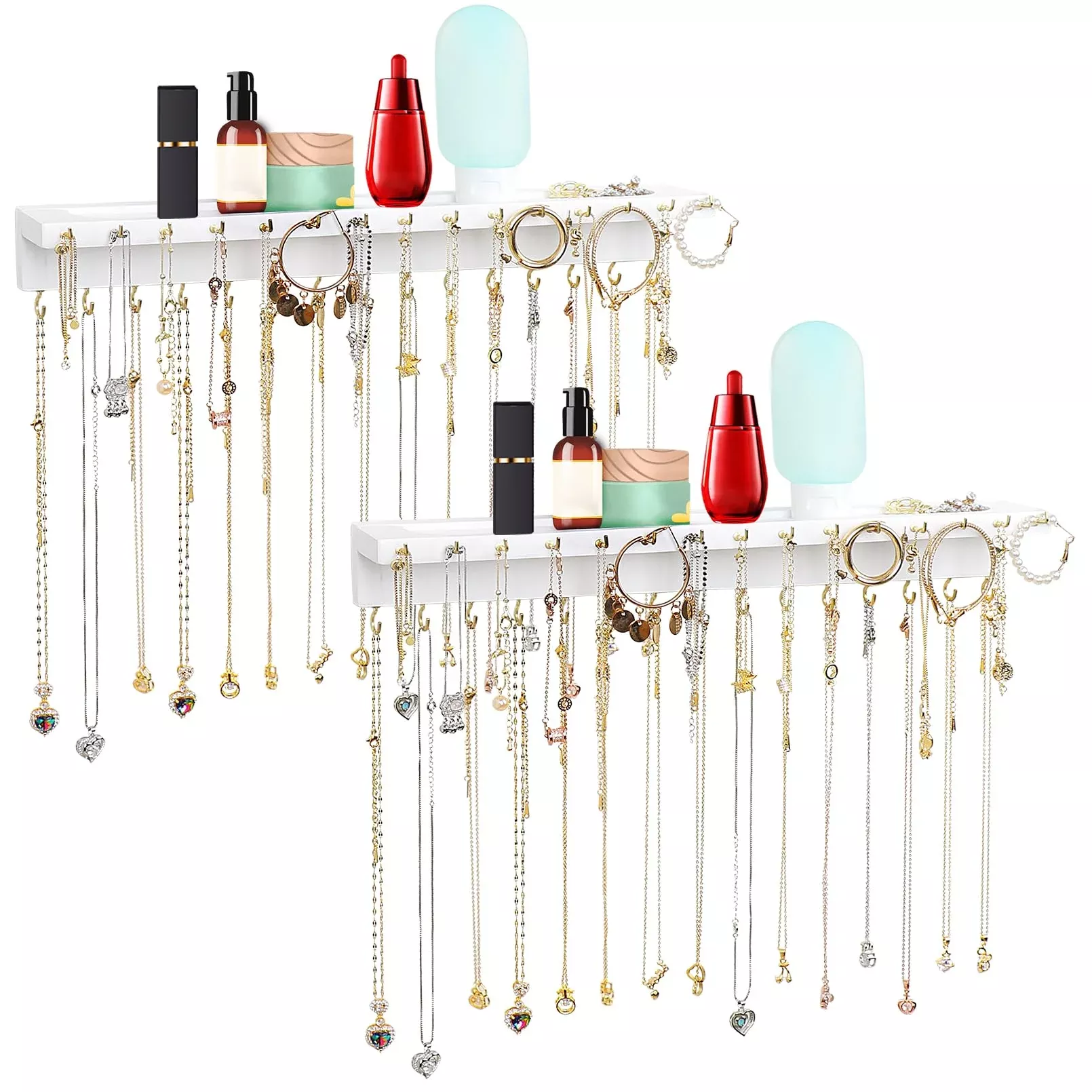 YYILIS Necklace Holder, Upgraded Extra Large Wall Necklace Organizer with 30 Hooks Wall Mounted Necklace Hanger with Jewelry Tray /Cosmetics Shelf Rustic Pine Wood Holder (2 Pack-Double White)
