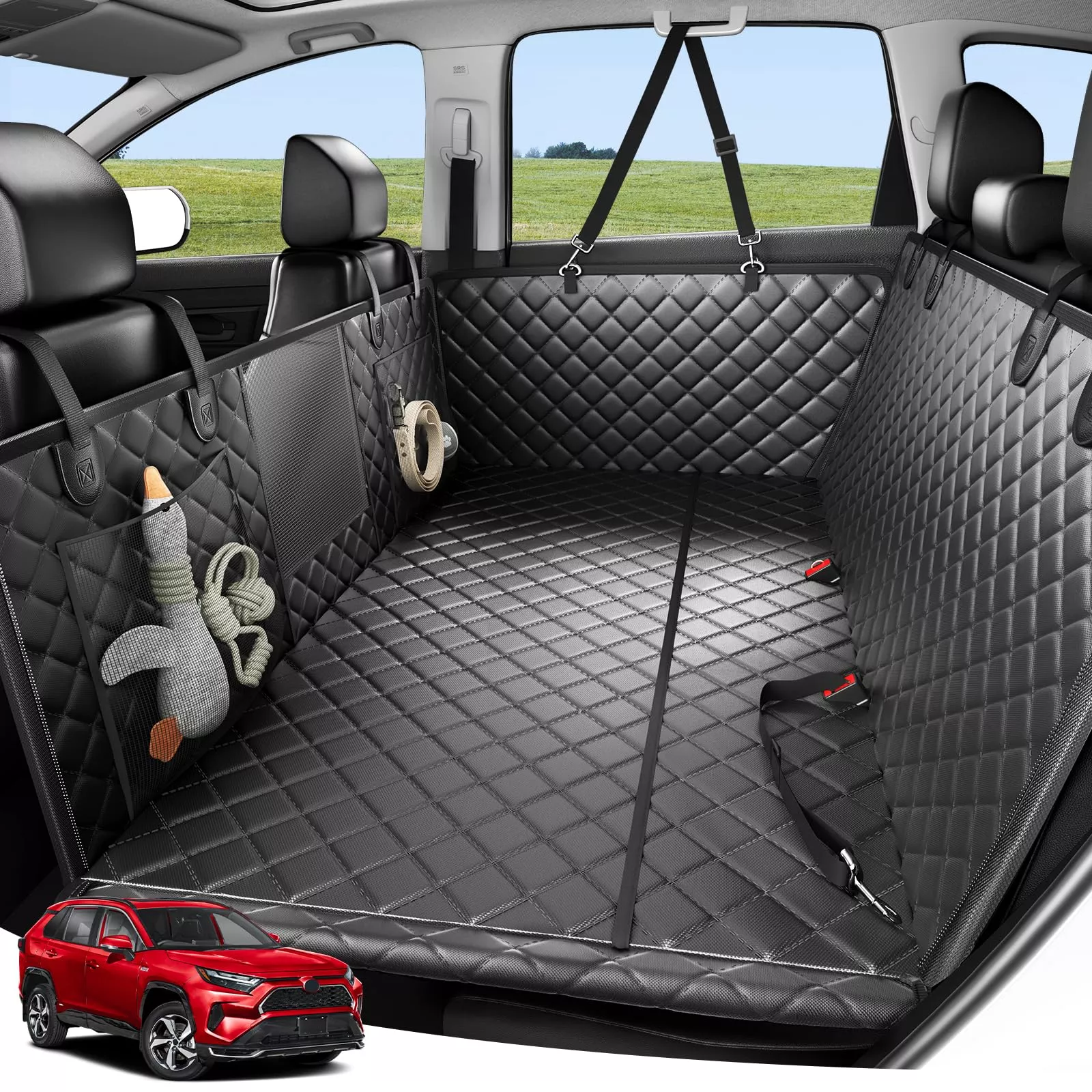 Zanch Heavy-Duty Dog Car Seat Cover, Flat Solid Back Seat Extender for Multi Large Dogs, Hard-Base Supports 450 lb, Waterproof Scratchproof Hammock Protector, Standard for Cars, SUV, Trucks, Black