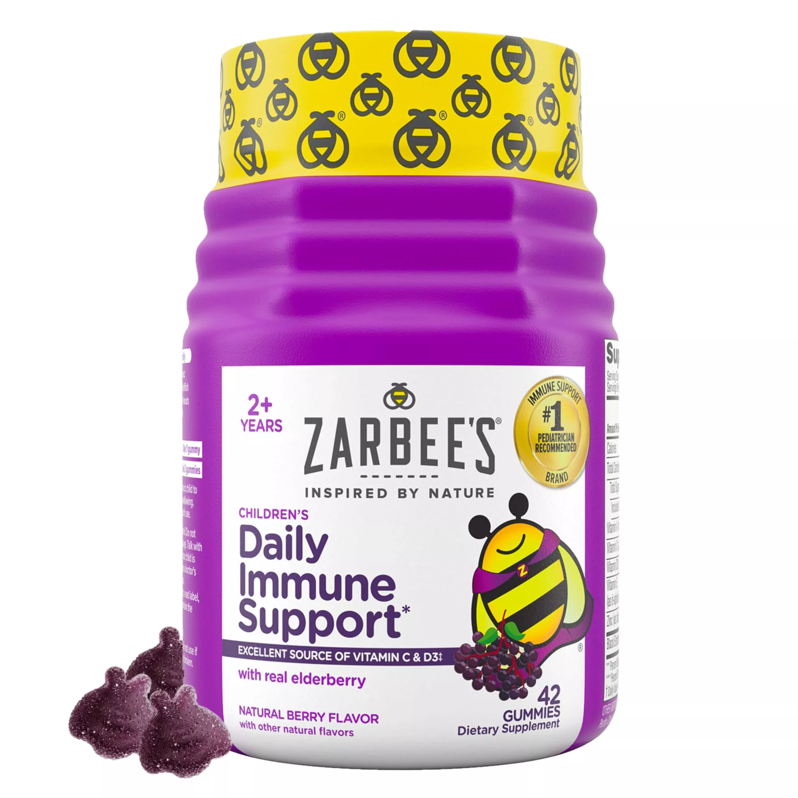 Zarbee’s Kids Elderberry Immune Support Supplement Gummies, Vitamins A C D3 E & Zinc, Elderberry Extract, Gluten & Gelatin Free, No Artificial Flavors, Natural Berry Flavor, Ages 2+, 42 Ct