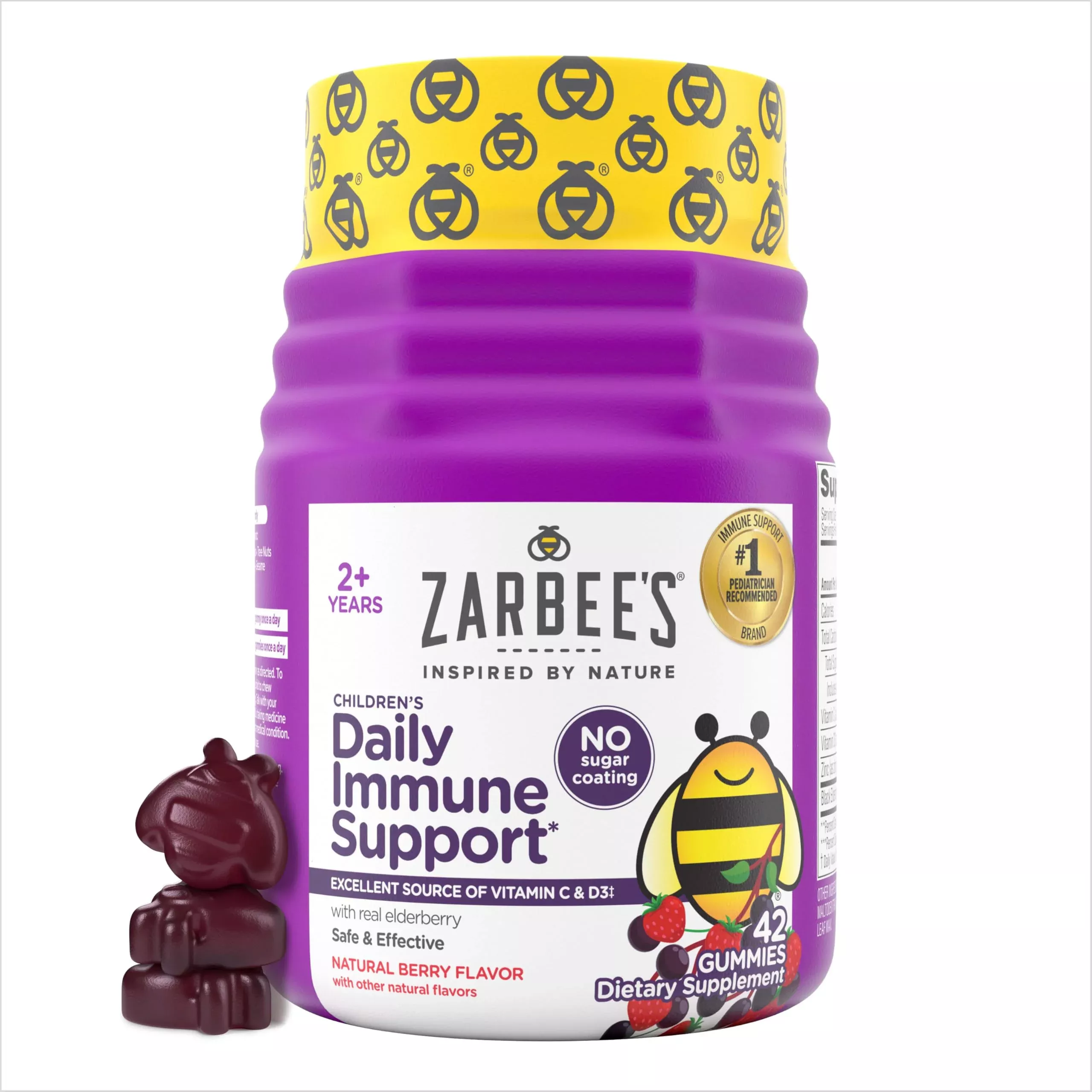Zarbee's No Sugar Coating Elderberry Gummies for Kids, Daily Immune Support* Gummies with Vitamins C, D3 & Zinc to Support a Healthy Immune System*, No Artificial Flavors, Ages 2+, 60 ct