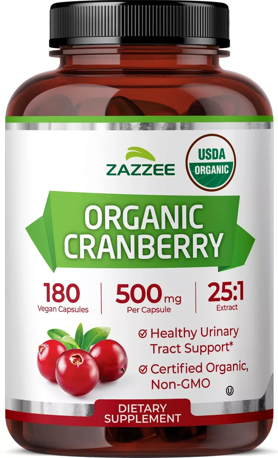 Zazzee USDA Organic Cranberry 25:1 Extract, 500 mg per Capsule, 180 Vegan Capsules, 6 Month Supply, Certified Kosher, Vaccinium Macrocarpon, Urinary Tract & Bladder Support, Non-GMO, Made in the USA