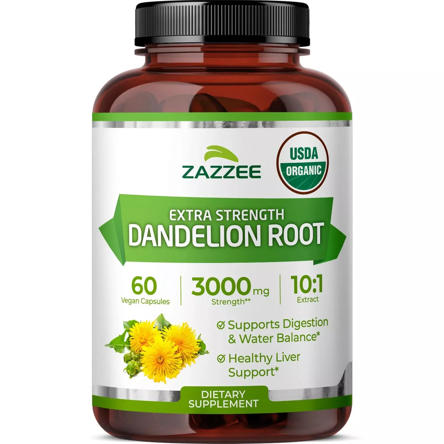 Zazzee USDA Organic Dandelion Root 10:1 Extract, 60 Capsules, 2 Month Supply, Liver & Detox Support, Taraxacum Officinale, Organic Herbal Supplement, All-Natural, Non-GMO, Made in the USA