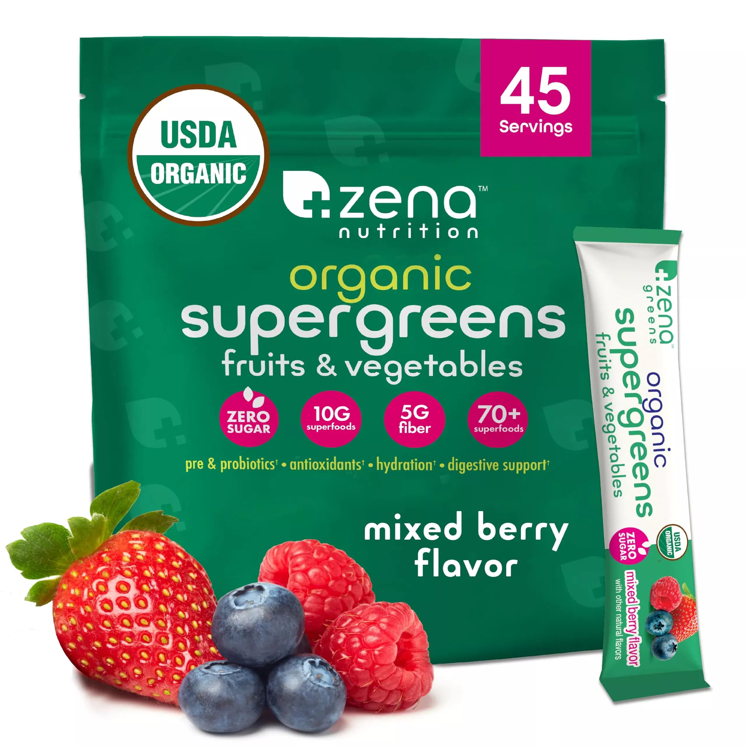 Zena Nutrition Organic Super Greens Powder, 70+ Superfoods, 0 Sugar, 5G Fiber, Spirulina, Chlorella, Antioxidants, Prebiotics /Probiotics, Digestive Enzymes, Mixed Berry, 45 Drink Mix Packets