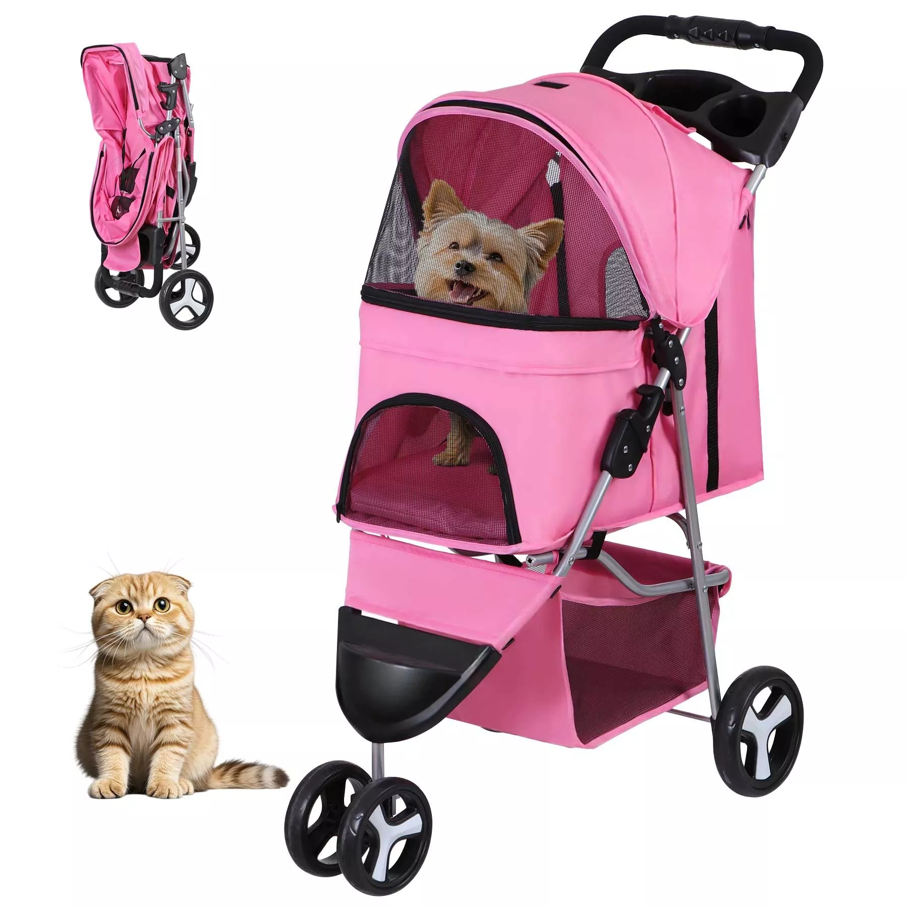 ZENY Foldable Pet Stroller, Cat /Dog Stroller with 3 Wheel, Pet Strolling Cart, Dog Travel Carrier with Storage Basket + Cup Holder, Black