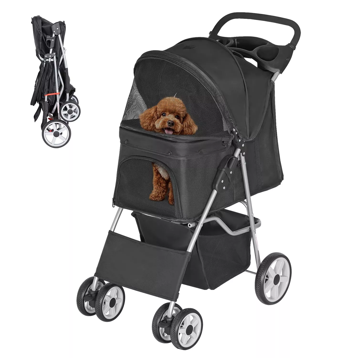 ZENY Foldable Pet Stroller, Cat /Dog Stroller with 4 Wheel, Pet Travel Carrier Strolling Cart with Storage Basket, Cup Holder (Pink)