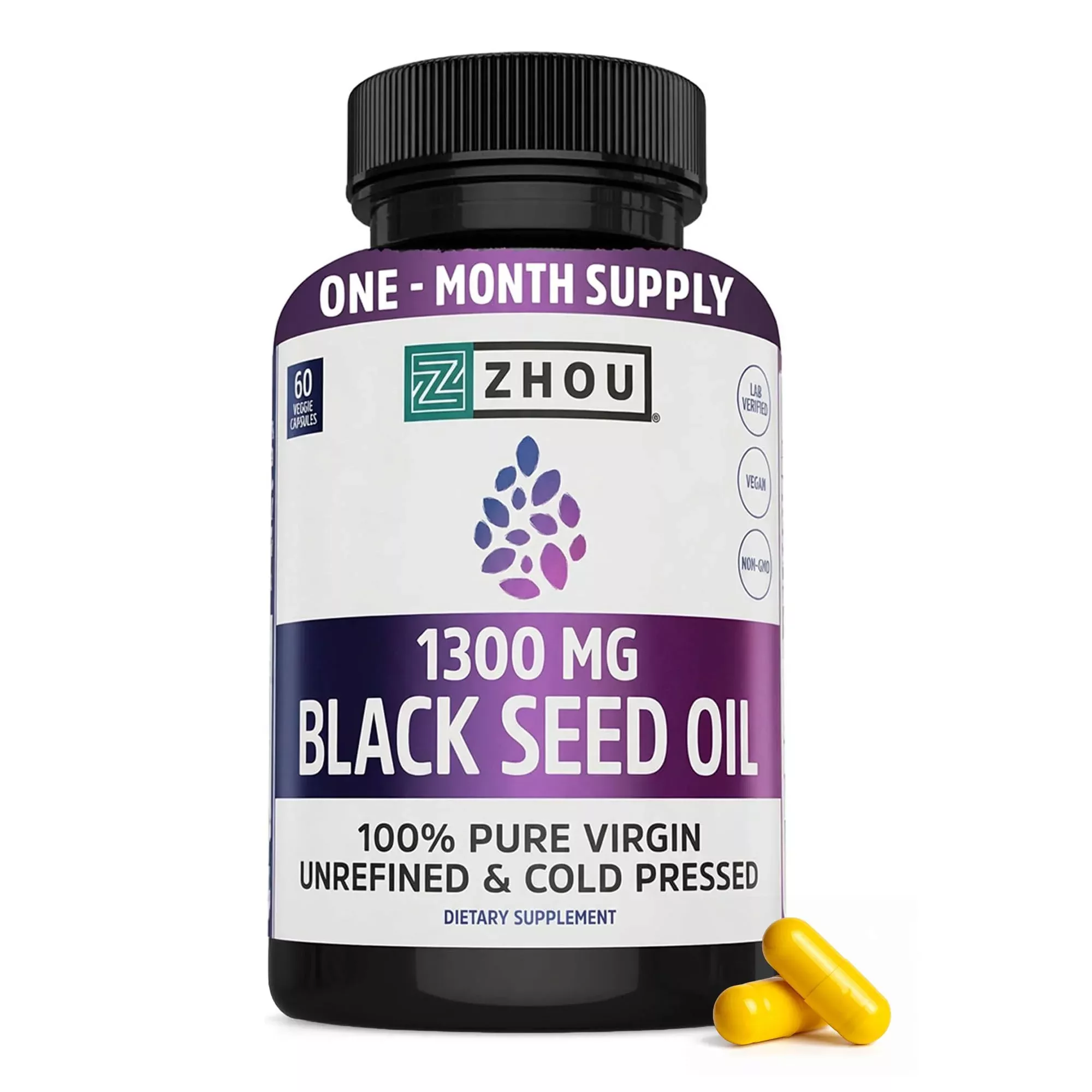 ZHOU Black Seed Oil Capsules - Black Cumin Seed Oil Cold Pressed, Nigella Sativa, Pure Unrefined Blackseed, Premium Supplement for Health, Hair & Skin w /Thymoquinone - 60 Capsules (Pack of 1)