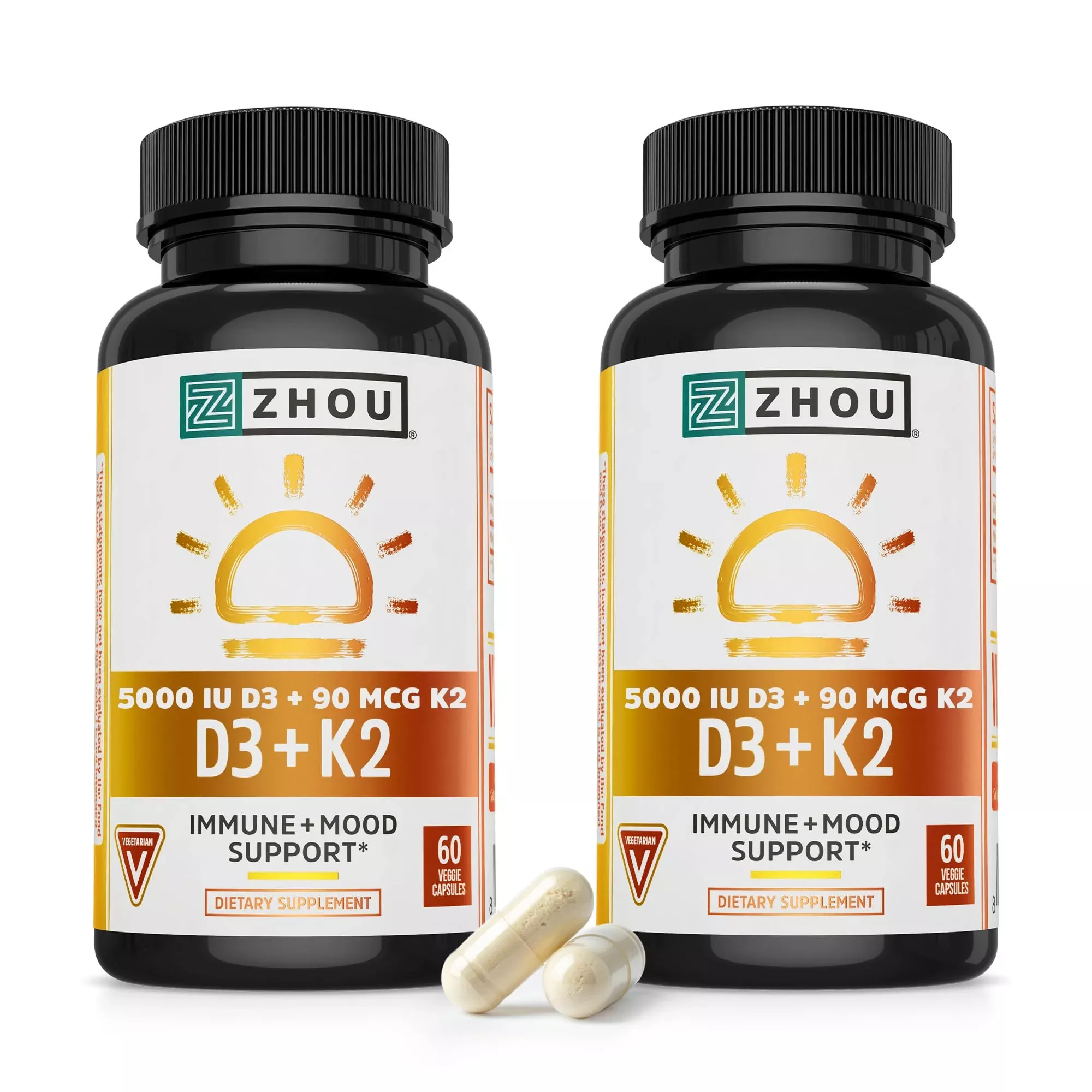 Zhou D3+K2 - Vitamin D3 K2 Supplement for Women & Men, Immune Support Vit D3 and K2 Supplements, Pure Vegetarian Formula with 5000 IU of D3 and MK-7 - 60 Veggie Capsules (Pack of 1)