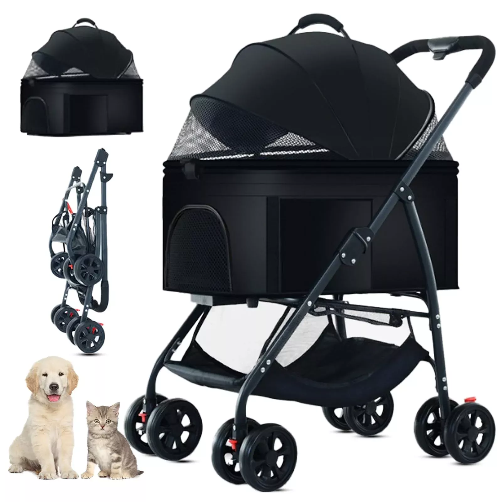 ZHUOKECE 3-in-1 Pet Dog Stroller, Dog Wagon with Removable Carrier, Cat Stroller for Medium Dogs Up to 55lbs (Black)